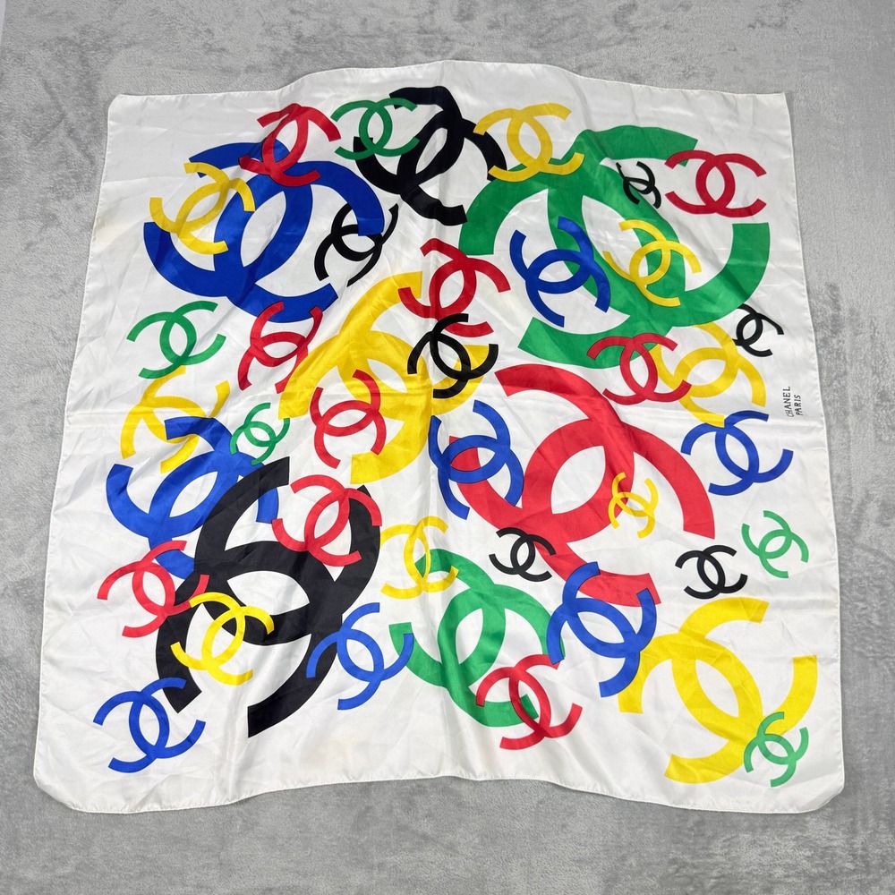 Vintage Chanel Womens OS Square Scarf Interlocking CC Logo Multicolor White